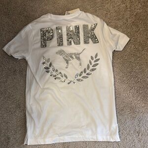 Victoria's Secret PINK White T-Shirt with Silver Sequins and Glitter
